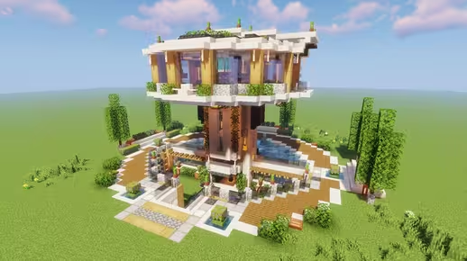 我的世界生存建筑教程：半浮空半地下现代住宅（我的世界投影）——极致绿化体验，单人生存必备！-投影工坊